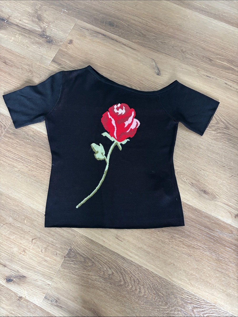 Kitri Black Women's Short-Sleeve Top with Red Rose Motif